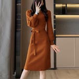 ブラウン | ニットロングワンピース 長袖 ウエストリボン | shoppinggo