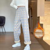 ブルー | 裏起毛パンツ チェック柄パンツ ワイドパンツ | shoppinggo