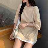 ベージュ | 重ね着風Tシャツ レイヤード 重ね着風カットソー大きめ | shoppinggo