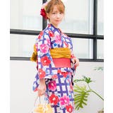 藍色格子とレトロ牡丹 | 浴衣 セット レディース | Dita
