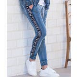 4(BLU×BLK/ブルー×ブラック) | CavariA ジャガードロゴテープ貼付けカットデニムパンツ スウェットパンツ | SILVER BULLET