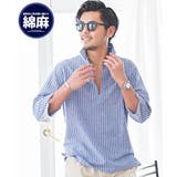 285(BLU STRIPE/ブルーS) | 7分袖シャツ メンズ CavariA綿麻ストライプカプリ7分袖シャツ | SILVER BULLET