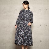 ネイビー | デシン小花柄ウエストゴム前開きワンピース/ロングカーディガン | s.i.p