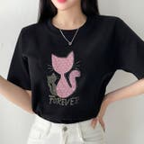 ブラック | 【17530】ラインストーンキャットTシャツ	 | SneepDip