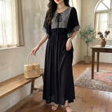 ブラック | 【17684】ヴィンテージ風刺繍ロングワンピース | SneepDip