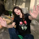 ブラック | 【赤字覚悟！処分セール】トップスＴシャツ半袖カジュアル花柄ロゴオシャレ | 17kg