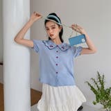 ブルー | 【赤字覚悟!処分セール】トップス刺繍シャツブラウスパフスリーブⅤネックオシャレ | 17kg