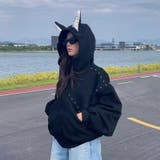 ブラック | 2025秋☆甘辛系ガールズ☆パッチワーク スタッズドーベルマンイヤーフーディー | 17kg