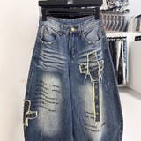ユニセックス☆ロゴプリントダメージワイドデニムパンツ | 17kg | 詳細画像2