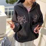 ダークグレー | 甘辛系ガールズ☆リボンワッペン刺繍ジップパーカー | 17kg