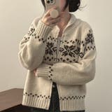 ベージュ | レトロな学院風柄物！レトロジャカード甘めダブルジップニットカーディガン | 17kg