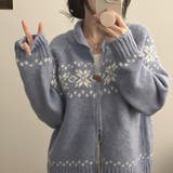 ブルー | レトロな学院風柄物！レトロジャカード甘めダブルジップニットカーディガン | 17kg