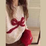 レトロな学院風柄物！カシミヤ蝶結びラウンドネックニットプルオーバー短丈 | 17kg | 詳細画像2 