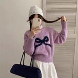 パープル | レトロな学院風柄物！カシミヤ蝶結びラウンドネックニットプルオーバー短丈 | 17kg