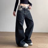 ゆるカワコーデ☆反転着用風パッチワークデニムゆったり弧形セミフレアロングパンツ | 17kg | 詳細画像1 