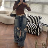 ユニセックス☆ダメージ加工フェイクレイヤード二重とろみワイドデニムパンツ | 17kg | 詳細画像4 