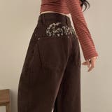 甘辛系ガールズ レトロウォッシュレオパード×文字ワッペンワイドストレートデニムパ… | 17kg | 詳細画像15 