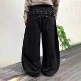 ブラック | ユニセックス☆背面スタッズ装飾 ベルトハイウエスト デニムロングパンツ | 17kg