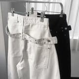 ユニセックス☆背面スタッズ装飾 ベルトハイウエスト デニムロングパンツ | 17kg | 詳細画像7 