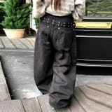 ユニセックス☆背面スタッズ装飾 ベルトハイウエスト デニムロングパンツ | 17kg | 詳細画像4 