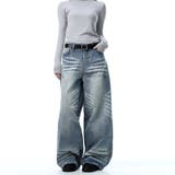 ユニセックス☆ウォッシュ加工 キャットヒゲワイド カーブデニムパンツ | 17kg | 詳細画像1 