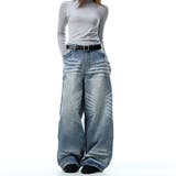 ユニセックス☆ウォッシュ加工 キャットヒゲワイド カーブデニムパンツ | 17kg | 詳細画像2 