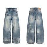 ユニセックス☆ウォッシュ加工 キャットヒゲワイド カーブデニムパンツ | 17kg | 詳細画像6 