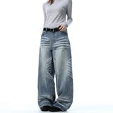 ユニセックス☆ウォッシュ加工 キャットヒゲワイド カーブデニムパンツ | 17kg | 詳細画像7 