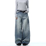 ユニセックス☆ウォッシュ加工 キャットヒゲワイド カーブデニムパンツ | 17kg | 詳細画像8 