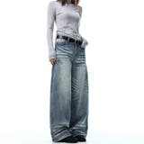 ユニセックス☆ウォッシュ加工 キャットヒゲワイド カーブデニムパンツ | 17kg | 詳細画像3 