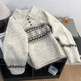 ベージュ | 【秋冬】フェアアイル柄 ポロカラーニットプルオーバー | 17kg