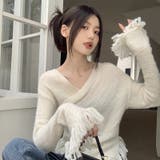 女性らしい印象の2wayVネック裾フリンジニットセーター | 17kg | 詳細画像13 