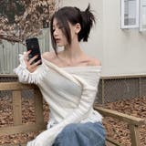 女性らしい印象の2wayVネック裾フリンジニットセーター | 17kg | 詳細画像14 