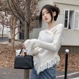 女性らしい印象の2wayVネック裾フリンジニットセーター | 17kg | 詳細画像3 