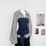 グレー格子トップス | 配色切替 フェイクレイヤード シャツセットアップ | 17kg