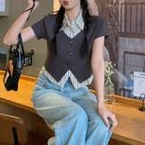 フェイクレイヤード ストライプシャツ Vネックトップスミレニアル学園風☆ | 17kg | 詳細画像4 