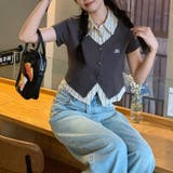 フェイクレイヤード ストライプシャツ Vネックトップスミレニアル学園風☆ | 17kg | 詳細画像12 