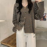 【SHOPLIST限定】【春夏】韓国風シックVネックボーダー柄カーディガン | 17kg | 詳細画像2 