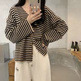【SHOPLIST限定】【春夏】韓国風シックVネックボーダー柄カーディガン | 17kg | 詳細画像3 
