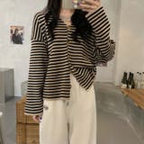 【SHOPLIST限定】【春夏】韓国風シックVネックボーダー柄カーディガン | 17kg | 詳細画像5 