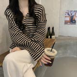 【SHOPLIST限定】【春夏】韓国風シックVネックボーダー柄カーディガン | 17kg | 詳細画像7 