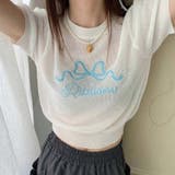涼しい素材で通気性ある。蝶ネクタイと文字刺繍ニット半袖トップス | 17kg | 詳細画像4 