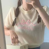涼しい素材で通気性ある。蝶ネクタイと文字刺繍ニット半袖トップス | 17kg | 詳細画像2 