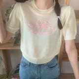涼しい素材で通気性ある。蝶ネクタイと文字刺繍ニット半袖トップス | 17kg | 詳細画像5 