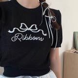 涼しい素材で通気性ある。蝶ネクタイと文字刺繍ニット半袖トップス | 17kg | 詳細画像7 