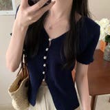 ほのかなセクシーさと安心感！デザイン感たっぷりのパールボタン付きVネック半袖ニッ… | 17kg | 詳細画像1 