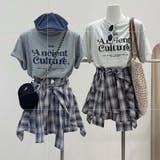 カジュアルな英字入り半袖Tシャツ+チェック柄ミニスカートパンツの2点セット。 | 17kg | 詳細画像1