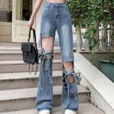 カットアウトとダメージ要素が個性と魅力をプラス。リボン付きのワイドレッグデニムパ… | 17kg | 詳細画像10