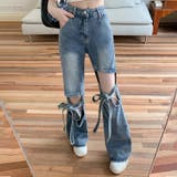カットアウトとダメージ要素が個性と魅力をプラス。リボン付きのワイドレッグデニムパ… | 17kg | 詳細画像3