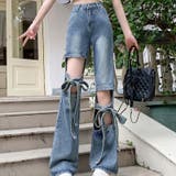 カットアウトとダメージ要素が個性と魅力をプラス。リボン付きのワイドレッグデニムパ… | 17kg | 詳細画像9